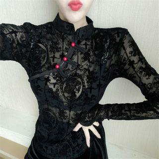 Long-sleeve Stand Collar Lace Top Black - One Size