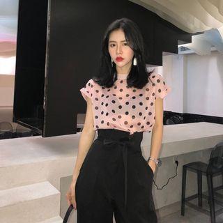 Dot Chiffon Blouse / Plain High-waist Wide-leg Pants