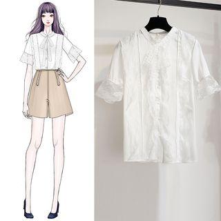 Lace Panel Short-sleeve Tie-neck Blouse