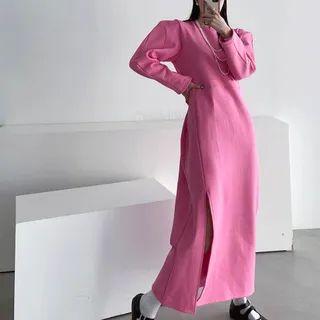 Button-back Slit-front Long Sweatshirt Dress