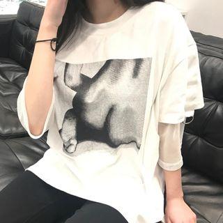 Print 3/4-sleeve Mesh Panel T-shirt