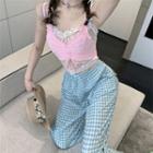 Lace Cropped Camisole Top / Drawstring Camisole Top / Gingham Wide Leg Pants / Set