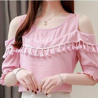 Tassel Short-sleeve Cold-shoulder Blouse