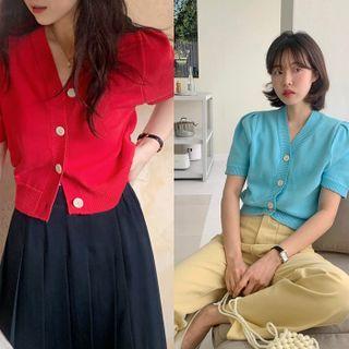 Puff-shoulder Color Cardigan