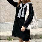 Long-sleeve Mock Two-piece Hooded T-shirt Dress Black - One Size
