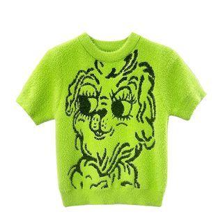 Short-sleeve Cartoon Print Sweater Green - One Size
