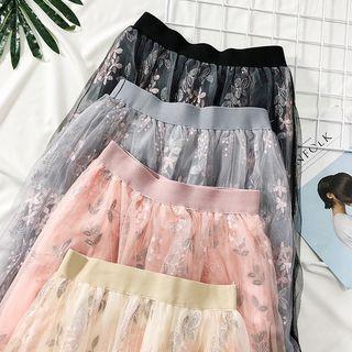 Flower-embroidered Midi Skirt