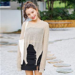 Slit-hem Asymmetric-hem Knit Top