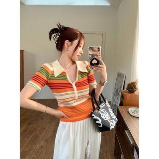 Color Block Striped Short-sleeve Top Orange Yellow - One Size