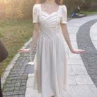 Puff Sleeve Sweetheart Neckline Pleated Midi A-line Dress