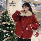 Faux-fur Collar Button Coat Red - One Size