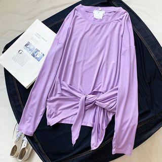 Plain Long Sleeve Front Knot T-shirt