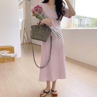 Puff Sleeve V-neck Plain A-line Dress