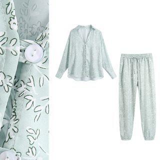 V-neck Floral Print Shirt / Drawstring Pants/ Set