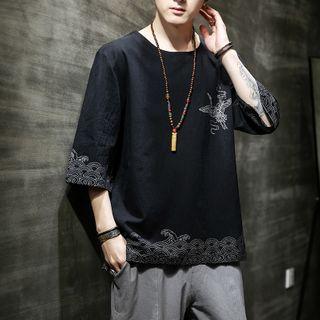 Elbow-sleeve Crane Embroidered Top
