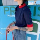 Color-block Short-sleeve Slim-fit Knit Top Red & Blue - One Size