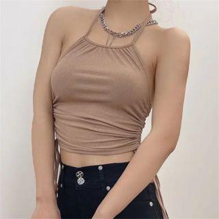 Halter-neck Side-drawstring Plain Crop Camisole Top