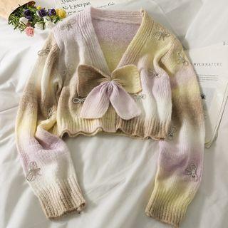 Gradient Ribbon-accent Cropped Cardigan Yellow - One Size