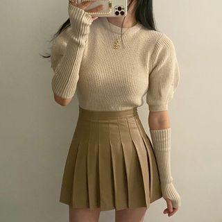 Set: Puff-sleeve Ribbed Knit Top + Arm Sleeves