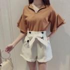 Set: Short-sleeve Chiffon Blouse + Tie-waist Shorts