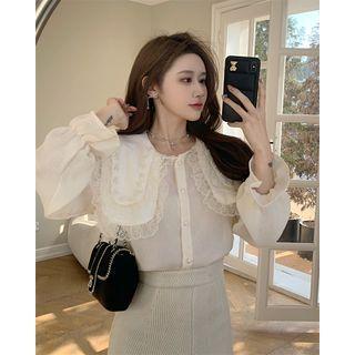 Bell-sleeve Collared Midi A-line Dress White - One Size