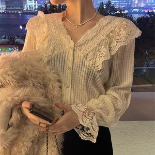 V-neck Ruffle Long-sleeve Top Almond - One Size