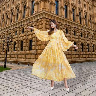 Long-sleeve V-neck Printed Maxi A-line Dress