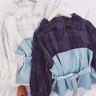 Check Panel Denim Puff-sleeve Blouse
