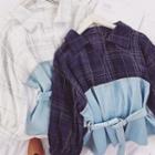 Check Panel Denim Puff-sleeve Blouse