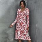 Floral Print Slit Long-sleeve Midi A-line Dress