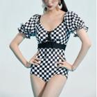 Short-sleeve Checkerboard Swimsuit