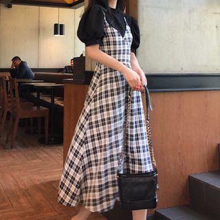 Puff-sleeve Blouse / Plaid Midi Pinafore Dress