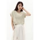 Sleeveless Distressed Knit Crop Top Beige - One Size