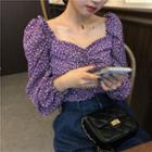 Floral Long-sleeve Slim-fit Blouse Purple - One Size