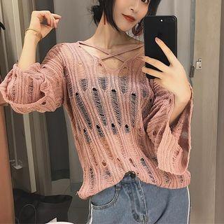 Long Sleeve Strap Detail Open Knit Top