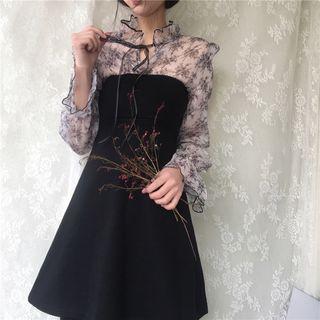 Set: Floral Print Chiffon Blouse + Plain A-line Bandeau Dress