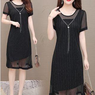 Short-sleeve Pinstriped Panel Dress
