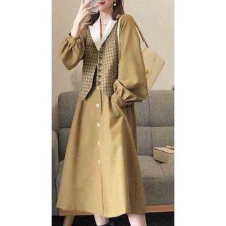 Plaid Single-breasted Vest / Long-sleeve Midi A-line Dress