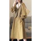 Plaid Single-breasted Vest / Long-sleeve Midi A-line Dress