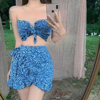 Drawstring Floral Cropped Tube Top / High-waist Frill Trim Floral Skirt