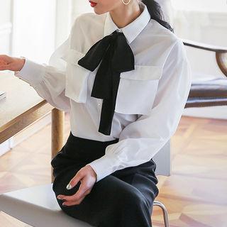 Detachable-ribbon Flap-pocket Blouse