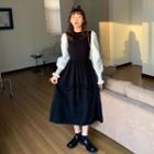 Puff-sleeve Knit Midi Dress Black & White - One Size