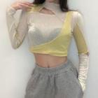 Long-sleeve Color Block Mock-neck Crop Top