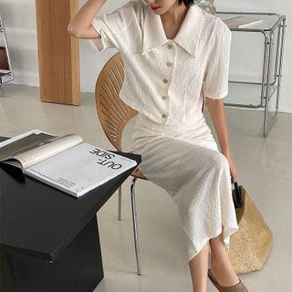 Set: Short-sleeve Crop Shirt + Midi Pencil Skirt