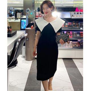 Contrast Trim Collared Short-sleeve Midi Sheath Dress