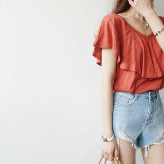 V-neck Ruffle-trim T-shirt