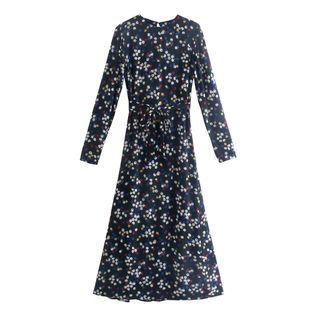 Long-sleeve Print Sashed Maxi A-line Dress