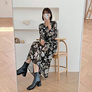 V-neck Print Chiffon Long Dress