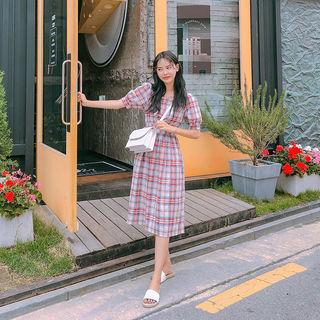 Tie-waist Linen Blend Midi Plaid Dress