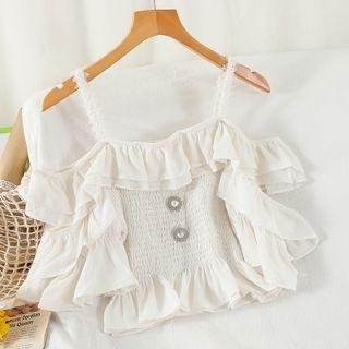 Elbow-sleeve Cold Shoulder Smocked Top